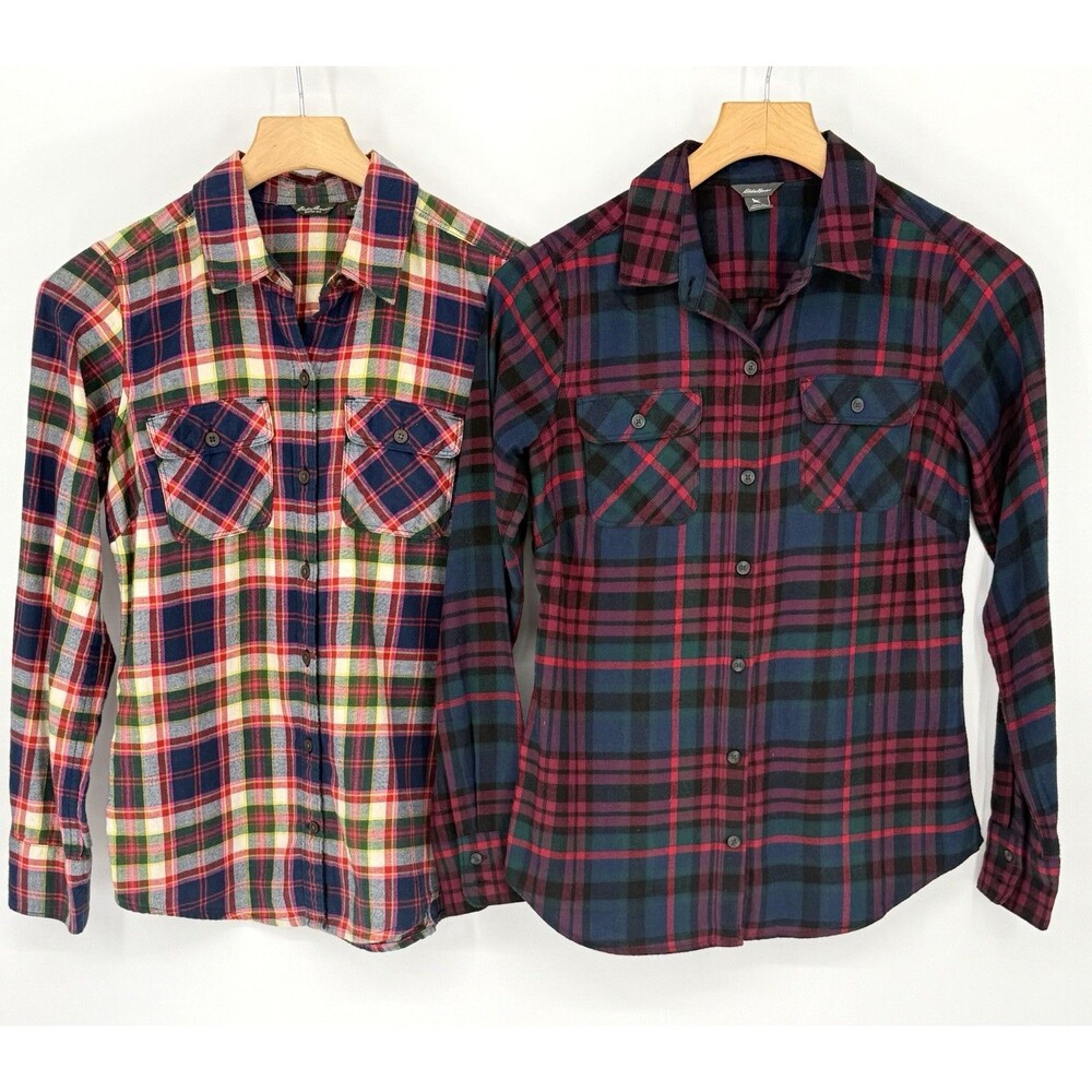 Eddie Bauer Plaid 100% Cotton Long Sleeve Forest Flannel Womens XS Lot Soft‎